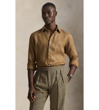 Para hombre. 710966294505 Camisa Custom Fit de lino marrón (S), Casual, Manga larga