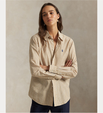 Polo Ralph Lauren para mujer. 211971514501 Camisa de algodón y lino Classic Fit marrón (XS), Casual, Manga larga