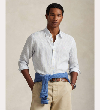 Polo Ralph Lauren för män. 710B15594004 Skjorta i linne med ränder Custom Fit blå (XL), Casual, Lino, Lång ärm