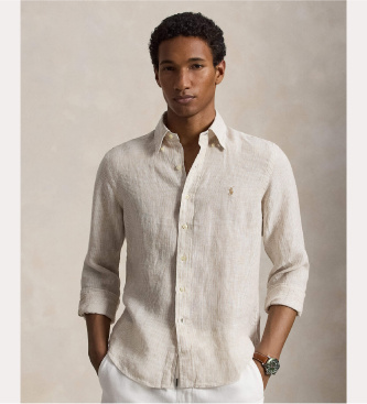 Polo Ralph Lauren för män. 710B22588001 Skjorta i linne med ränder Custom Fit beige (XL), Casual, Lino, Lång ärm