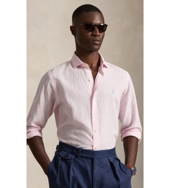 Polo Ralph Lauren para hombre. 710B16700002 Camisa de sirsaca Custom Fit con rayas rosa (L), Casual, Algodón, Manga larga