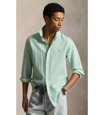 Polo Ralph Lauren para hombre. 710B16700004 Camisa de sirsaca Custom Fit con rayas verde (S), Casual, Algodón, Manga larga