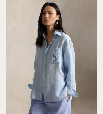 Polo Ralph Lauren para mujer. 211A12786002 Camisa oversize de lino con Big Pony azul (S), Casual, Manga larga