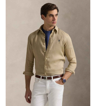 Polo Ralph Laurenvoor mannen. 710966294012 Bruin Oxford overhemd (M), Beige, Casual, Vlas, Klassiek, Lange mouwen
