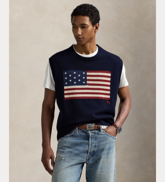 Polo Ralph Lauren für Herren. 710970293001 Strickweste mit navyfarbener Big Fit Flagge (L), Lässig, Wolle, Marine