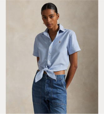 Polo Ralph Lauren för kvinnor. 211971516002 Bomullsskjorta Cotton Oxford med blå rosett (38), Casual, Kort ärm