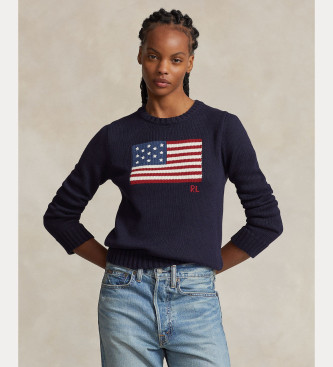 Polo Ralph Lauren Mulher Marinho Para 211896939001 Camisola De Algodão Com Bandeira Da Marinha (M), Casual,