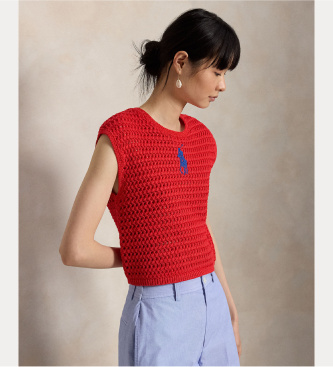 Polo Ralph Lauren para mujer. 211A12704001 Jersey de croché de algodón con Big Pony rojo (XS), Casual, Sin mangas / Tirantes
