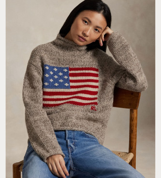 Polo Ralph Lauren para mujer. 211978328001 Jersey de mezcla de lana con bandera marrón (M), Casual