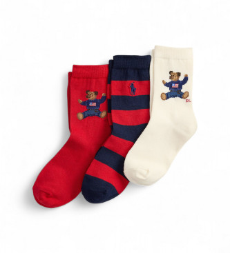 Polo Ralph Lauren para niña. 447P03263001 Set 3 pares de calcetines con Polo Bear rojo, beige (4/6.5 Años), Homewear, Algodón, moda infantil