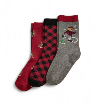 Polo Ralph Lauren para niña. 447P03265001 Set 3 pares de calcetines con Polo Bear rojo, gris (4/6.5 Años), Homewear, Algodón, moda infantil