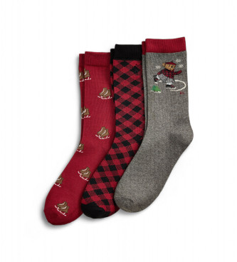 Polo Ralph Lauren para niña. 448P03265001 Set 3 pares de calcetines con Polo Bear rojo, gris (8/9.5 Años), Homewear, Algodón, moda infantil