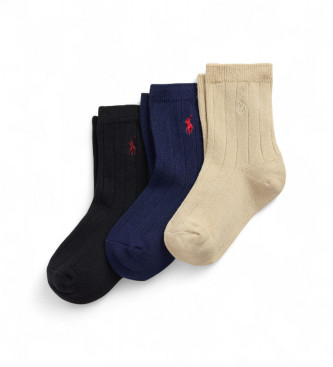 Polo Ralph Lauren para niño. 443979301001 Set 3 pares de calcetines acanalados negro, marino, beige (4/7 Años), Homewear, Algodón, moda infa