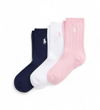 Polo Ralph Lauren para niña. 447979308001 Set 3 pares de calcetines acanalados marino, blanco, rosa (4/6.5 Años), Homewear, Algodón, moda in