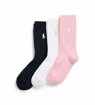 Polo Ralph Lauren para niña. 448979308001 Set 3 pares de calcetines acanalados marino, blanco, rosa (8/9.5 Años), Homewear, Algodón, moda in