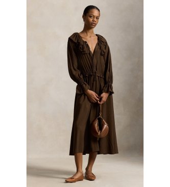 Polo Ralph Lauren för kvinnor. 211A96366001 Brun volangklänning i crepe med volanger (36), Casual, Viskos, Lång ärm