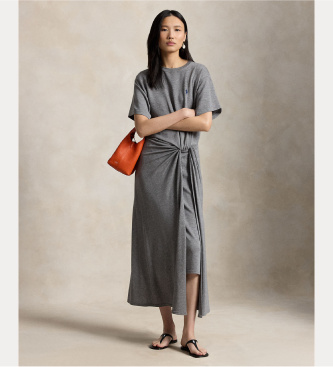 Polo Ralph Lauren para mujer. 211B18063002 Vestido camiseta con detalle anudado gris (M), Casual, Manga corta, Lyocell