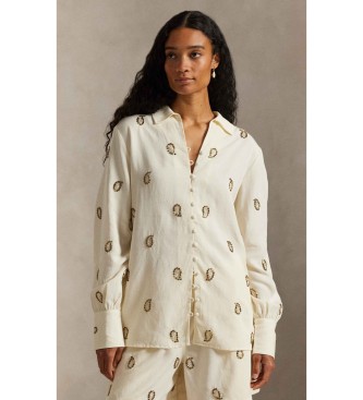 Polo Ralph Lauren para mujer. 211A96173001 Top con motivo paisley con cuentas beige (XS), Casual, Clásico, Manga larga, Lyocell