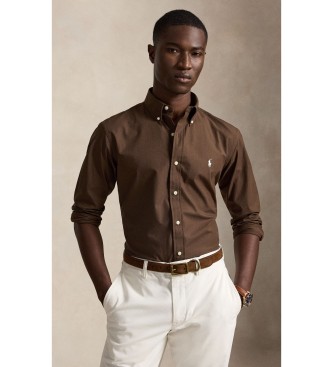 Polo Ralph Lauren para hombre. 710929349505 Camisa de popelina elástica Custom Fit marrón (L), Casual, Algodón, Manga larga