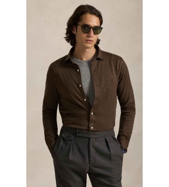 Polo Ralph Lauren para hombre. 710P03962002 Camisa de punto jersey con pata de gallo marrón (S), Casual, Algodón, Clásico, Manga larga