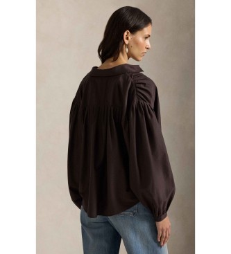 Polo Ralph Lauren para mujer. 211971508500 Blusa de seda y algodón plisada marrón (M), Casual, Clásico, Manga larga