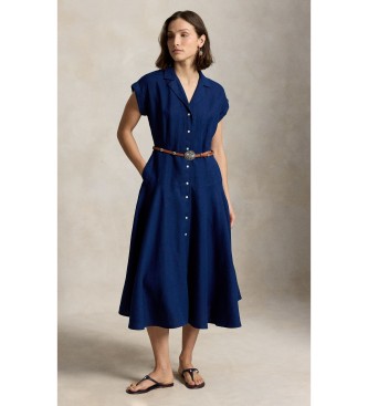 Polo Ralph Lauren för kvinnor. 211B22538002 Skjortklänning i linne med kort ärm marinblå (44), Casual, Lino