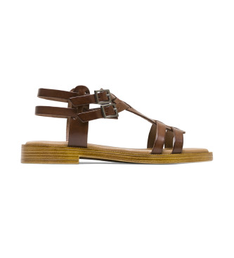 Porronet para mulher. 3128-008 Sandálias rasas romanas em pele Magnolia castanha (39), Couro, Marrom, Plano, Fivela, Casual