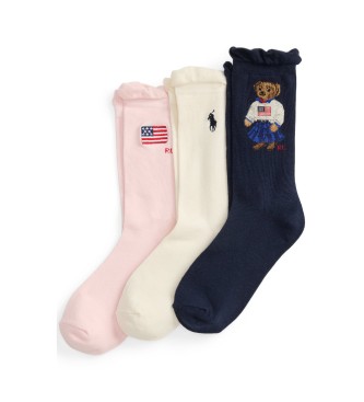 Polo Ralph Lauren unisex para niños. 448P11076001 Set 3 Pares de Calcetines Polo Bear rosa, blanco, marino (8/9.5Años=136/142cm), Homewear,