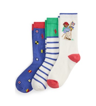 Polo Ralph Lauren unisex para niños. 444P11058001 Set 3 Pares de Calcetines Sailing azul, blanco (8/9.5Años=136/142cm), Homewear, Algodón, m
