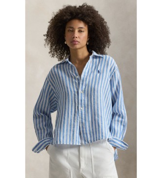 Polo Ralph Lauren para mujer. 211935130500 Camisa corta y ancha de lino con cuadros azul (L), Casual, Algodón, Manga larga