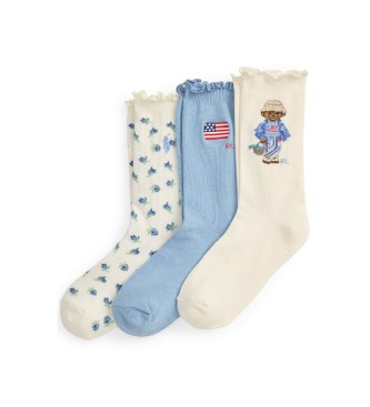 Polo Ralph Lauren unisex para niños. 448P11072001 Set 3 Pares de Calcetines Polo Bear azul, blanco (8/9.5Años=136/142cm), Homewear, Algodón,