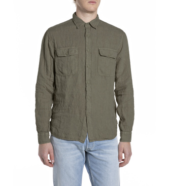 Replay para hombre. M4147.000.81388B Camisa bolsillos de lino verde (M), Casual, Manga larga