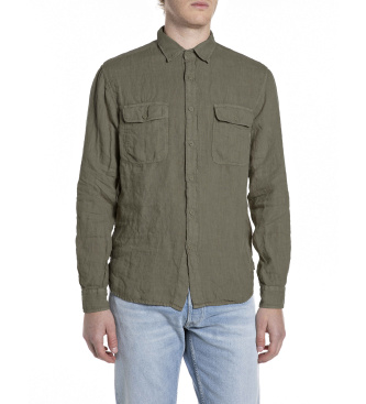 Replay para hombre. M4147.000.81388B Camisa de lino Regular Fit verde (M), Casual, Manga larga