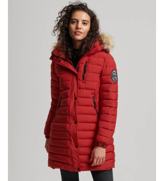 Superdry para mujer. W5011564A Abrigo acolchado con capucha Fuji de largo medio rojo (XS), Casual, Sostenible, Nylon reciclado