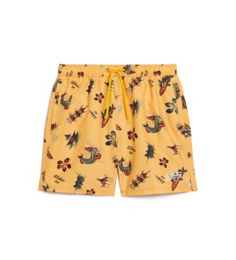 Superdry para hombre. M3010232A Bañador con estampado hawaiano reciclado amarillo (M), Beachwear, Poliéster Reciclado, Sostenible