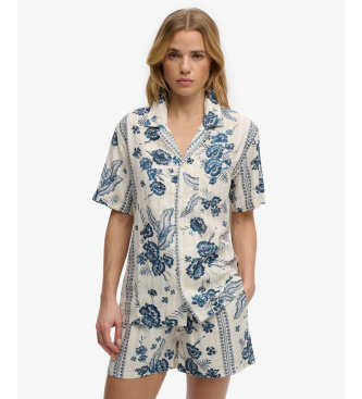 Superdry para mujer. W4010586A Camisa Beach Printed blanco roto (S), Casual, Algodón, Manga corta