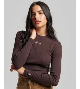Superdry para mujer. W6011656A Camiseta corta de manga larga bordada de canalé marrón (XXS), Casual, Algodón