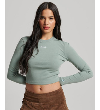 Superdry para mujer. W6011656A Camiseta corta de manga larga bordada de canalé verde (M), Casual, Algodón