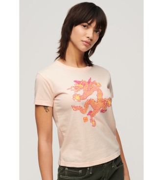 Superdry para mujer. W1011551A Camiseta ajustada Komodo Dragon rosa (L), Casual, Algodón, Manga corta