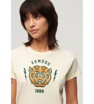 Superdry para mujer. W1011556A Camiseta ajustada Komodo Tiger blanco roto (S), Casual, Manga corta, Algodón Orgánico, Sostenible