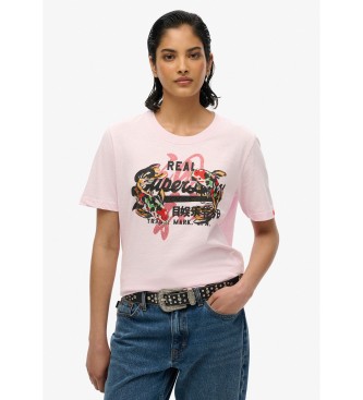 Superdry para mujer. W1011627A Camiseta de corte relajado con logotipo Vintage Tokyo rosa (XS), Casual, Algodón, Manga corta