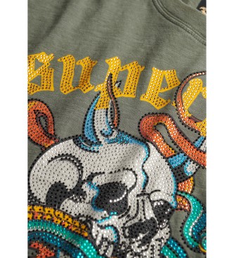 Superdry para mujer. W1011607A Camiseta de corte relajado con motivo de tatuaje Neo Trad verde (S), Casual, Algodón, Manga corta 4