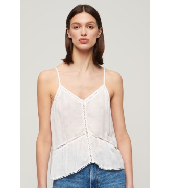 Superdry para mujer. W6011647A Camiseta con ribete escalonado blanco (L), Casual, Viscosa, Sin mangas / Tirantes