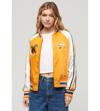 Superdry para mujer. W5011666A Chaqueta bómber con bordado Suikajan amarillo (XS), Casual, Poliéster, Manga larga