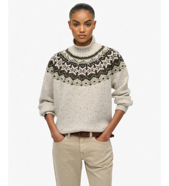 Superdry para mujer. W6110657A Jersey Fairisle cuello alto blanco roto (XL), Casual, Poliéster, Manga larga