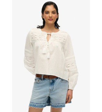 Superdry para mujer. W6012022A Blusa de encaje ibicenco blanco (L), Casual, Algodón, Manga larga
