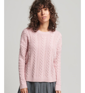 Superdry para mujer. W6110369A Jersey de punto trenzado con cuello redondo y hombros caídos rosa (L), Casual, Algodón