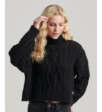 Superdry para mujer. W6110450A Jersey en punto trenzado con cuello de polo negro (L), Casual, Poliamida, Acrílico