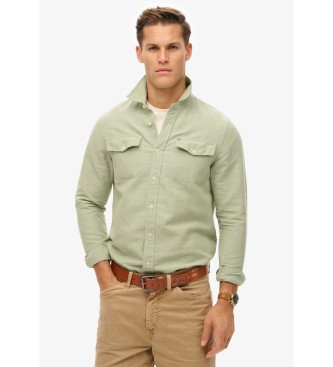 Superdry para hombre. M4010924A Camisa de trabajo Merchant Linenblend verde (M), Casual, Algodón, Manga larga