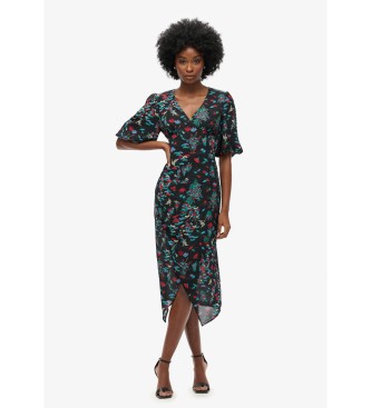 Superdry para mujer. W8011744A Vestido midi transparente de manga corta negro (L), Casual, Poliéster Reciclado, Sostenible